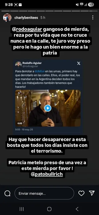 RODOLFO AGUIAR, AMENAZAS