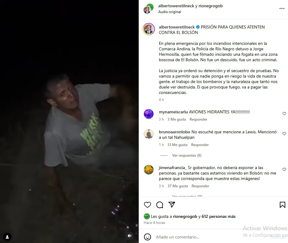 EL BOLSON, INCENDIOS, DETENIDO, INSTAGRAM