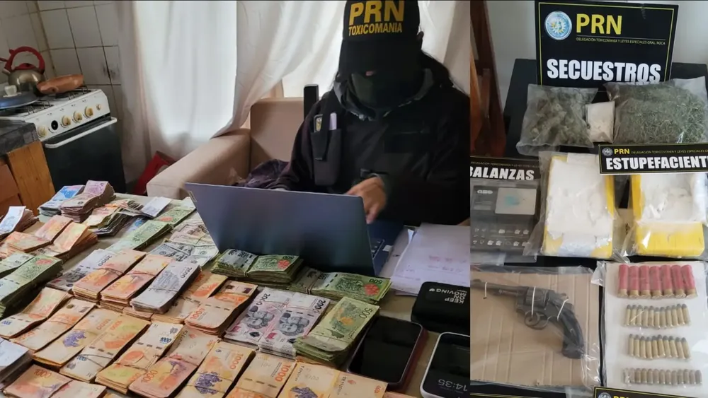 DINERO, DROGA Y ARMAS SECUESTRADAS EN ROCA